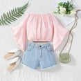 thumbnail image 2 of Afdoent Toddler Baby Girl Clothes Summer Girls Off Shoulder Floral Print Flared Sleeve Top & Denim Shorts 2 Piece Set Cute Kids Clothes 4-5 Years, 2 of 8