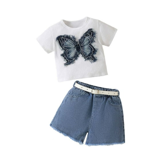 MEZZALL Toddler Little Girls Fringe & Bow Denim Set 3PCS Short Sleeve Tops   Shorts With Adjustable Waistband Summer Casual Outfits, White, 3-4 Years