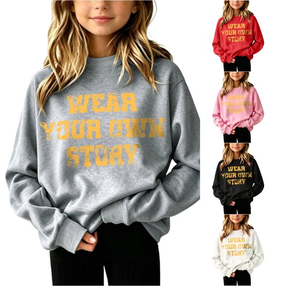 RMGVDSD Girls Casual Letter Print Crewneck Sweatshirts Long Sleeve Pullover Cozy Sweatshirt Soft Comfortable Fashion Tops Fall Clothes Fashionable Top 5-6 Years