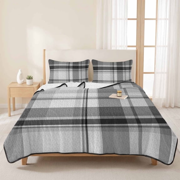 3 Pieces Queen Quilt Set,Minimalist Black White Grey Plaid Soft Bedding Sets with 1 Quilt & 2 Pillow Shams,Neutral Tartan Checkered Summer Bedspread Lightweight Coverlet Comforter for All Season