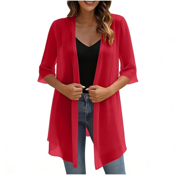 WULMLEO Chiffon Cardigans for Women Summer Sheer Open Front Half Sleeve Beach Cover Ups Soft Comfy Lightweight Kimonos Tops Red S