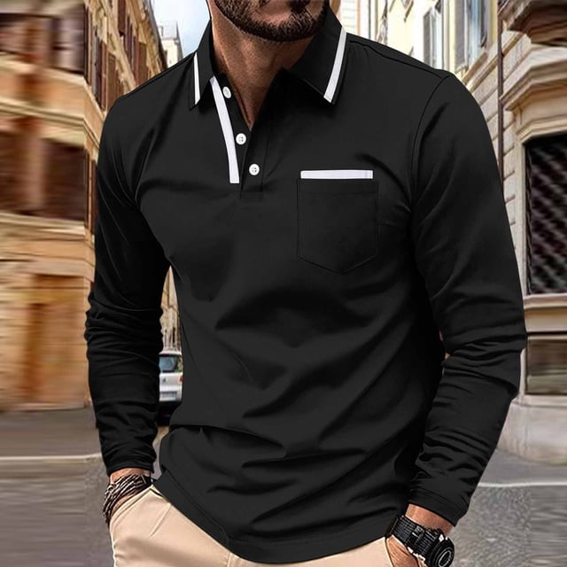 pstuiky camisas de hombre de manga larga, Camisa de manga larga con bolsillos y cuello abatible para hombre, color liso, informal salir tops l