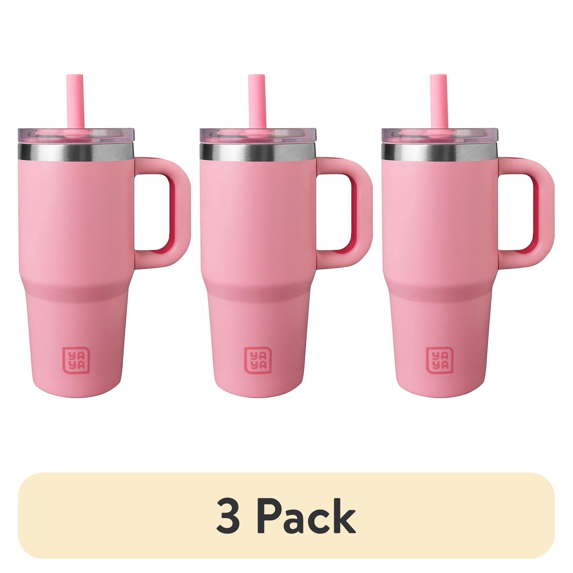 (3 pack) YAYA My First Travel Tumbler for Preschool & Kids 3+, Insulated Stainless Steel Tumbler with Reusable Silicone Straw & Spill-Proof Lid, Cup Holder Compatible, BPA-Free, 12oz, Pink