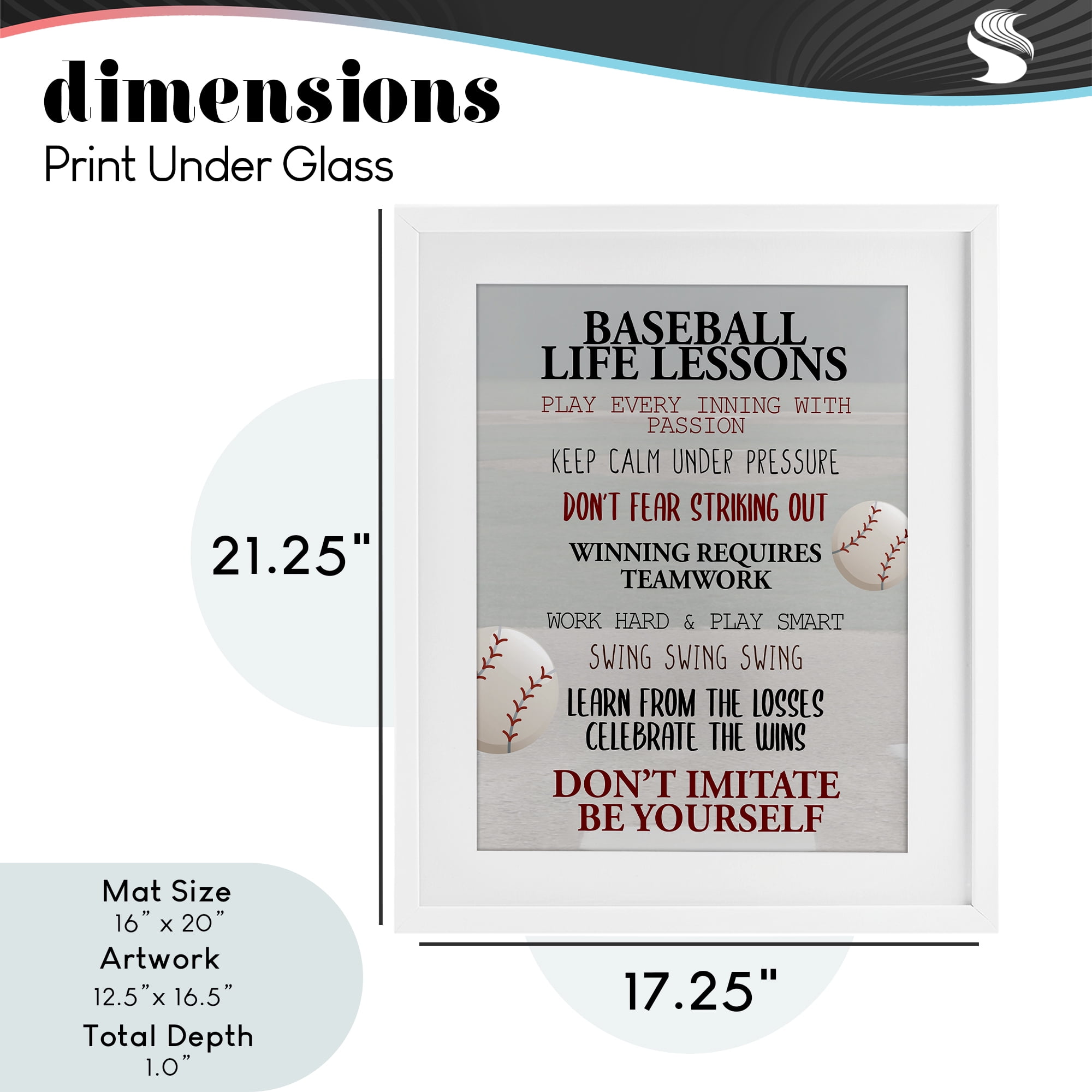 Baseball Life Lessons White Framed Print Under Glass, design by Kim Allen