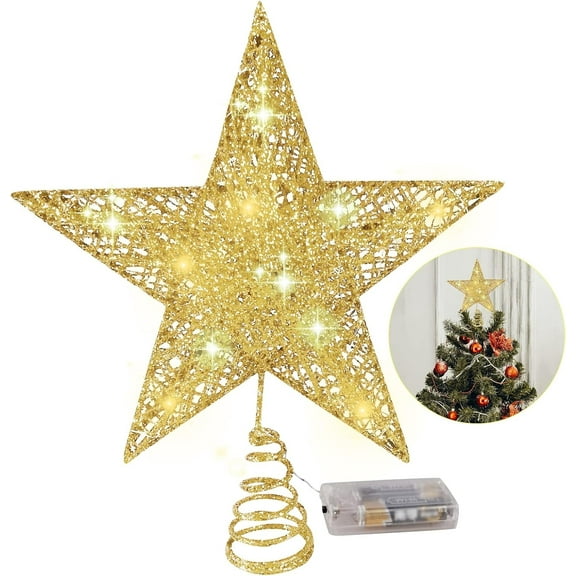 Christmas Tree Top Star,Glitter Xmas Star Tree Topper with 20 LED Lights for Christmas Ornaments and Holiday Seasonal Décor,Gold