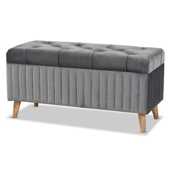 Bowery Hill Modern Grey Velvet Fabric and Brown Finished Wood Storage Ottoman