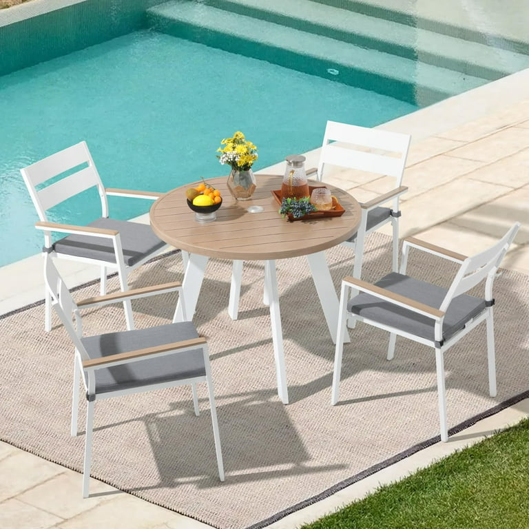 JOIVI 5 Piece Outdoor Dining Set, Aluminum Patio Dining Table and Stackable Chairs Set for 4 People, Wood Grain Tabletop with 2.05” Umbrella Hole, for JOIVI 5 Piece Outdoor Dining Set, Aluminum Patio Dining Table and Stackable Chairs Set for 4 People, Wood Grain Tabletop with 2.05” Umbrella Hole, for