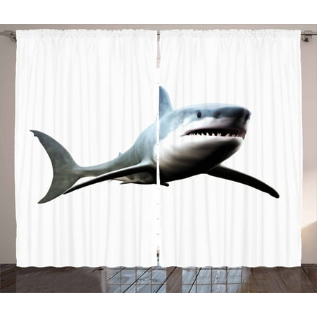 Character Curtain - Shark Curtains 2 Panels Set, Digital Illustration of Wild Sea Creature Character Computer Art Artifical Image, Window Drapes for Living Room Bedroom, 108W X 84L Inches, Blue Grey White, by Ambesonne