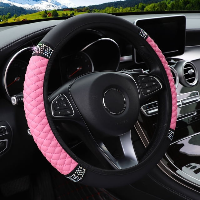 Funda para volante de coche con diamantes de colores tridimensionales bordados en cuero sin anillo interior adecuada para mujeres de 14,5 a 15 pulgadas