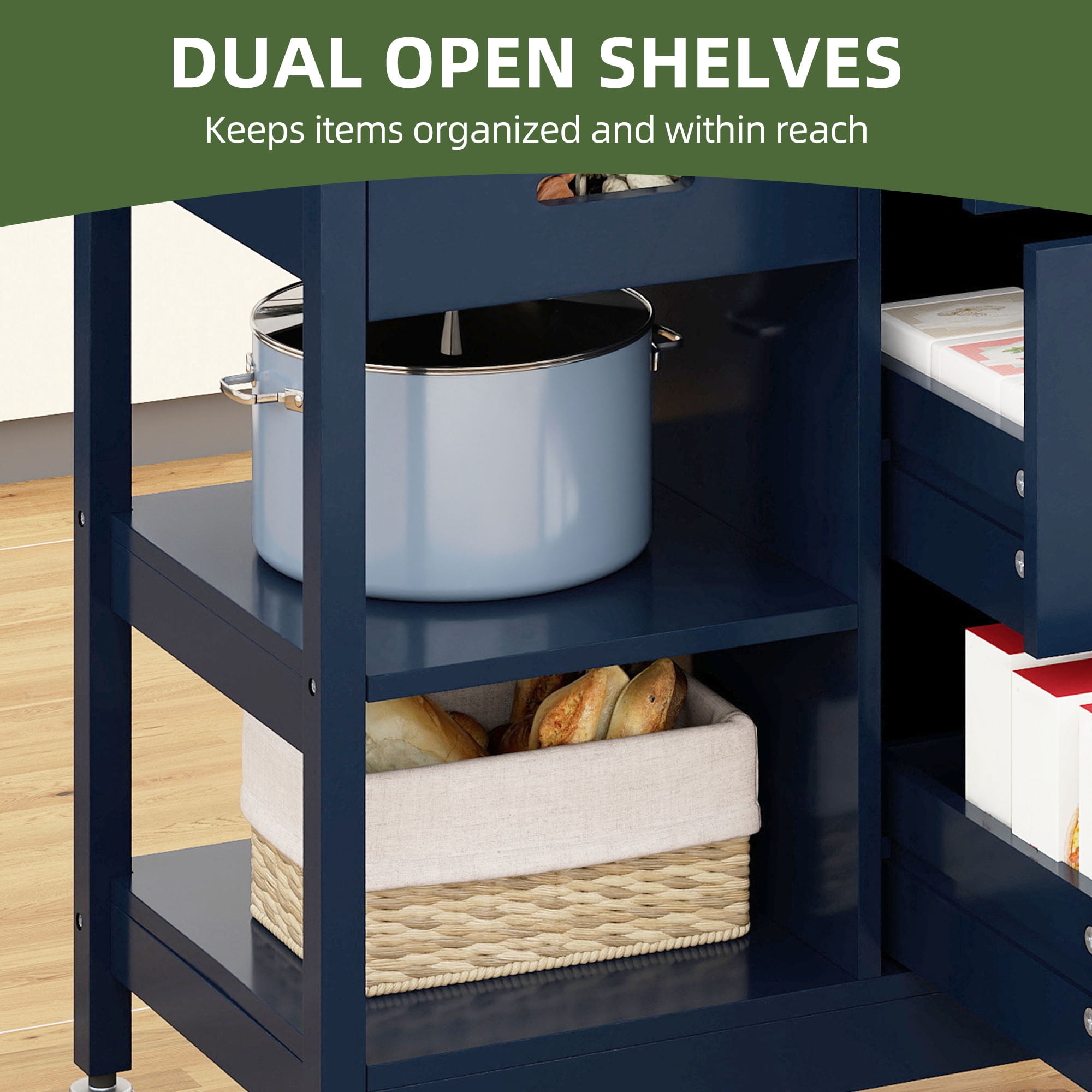 Uforic Kitchen Storage Cart with Drawers & Open Shelves, Rolling Kitchen Island, Blue