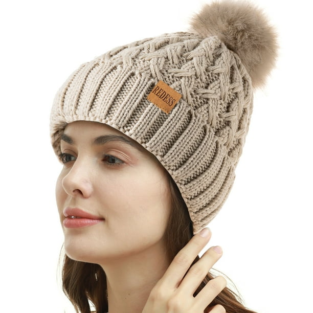 Women Winter Pompom Beanie Hat Fleece Lined Warm Hats, Thick Slouchy Snow Knit Crossed Cap for