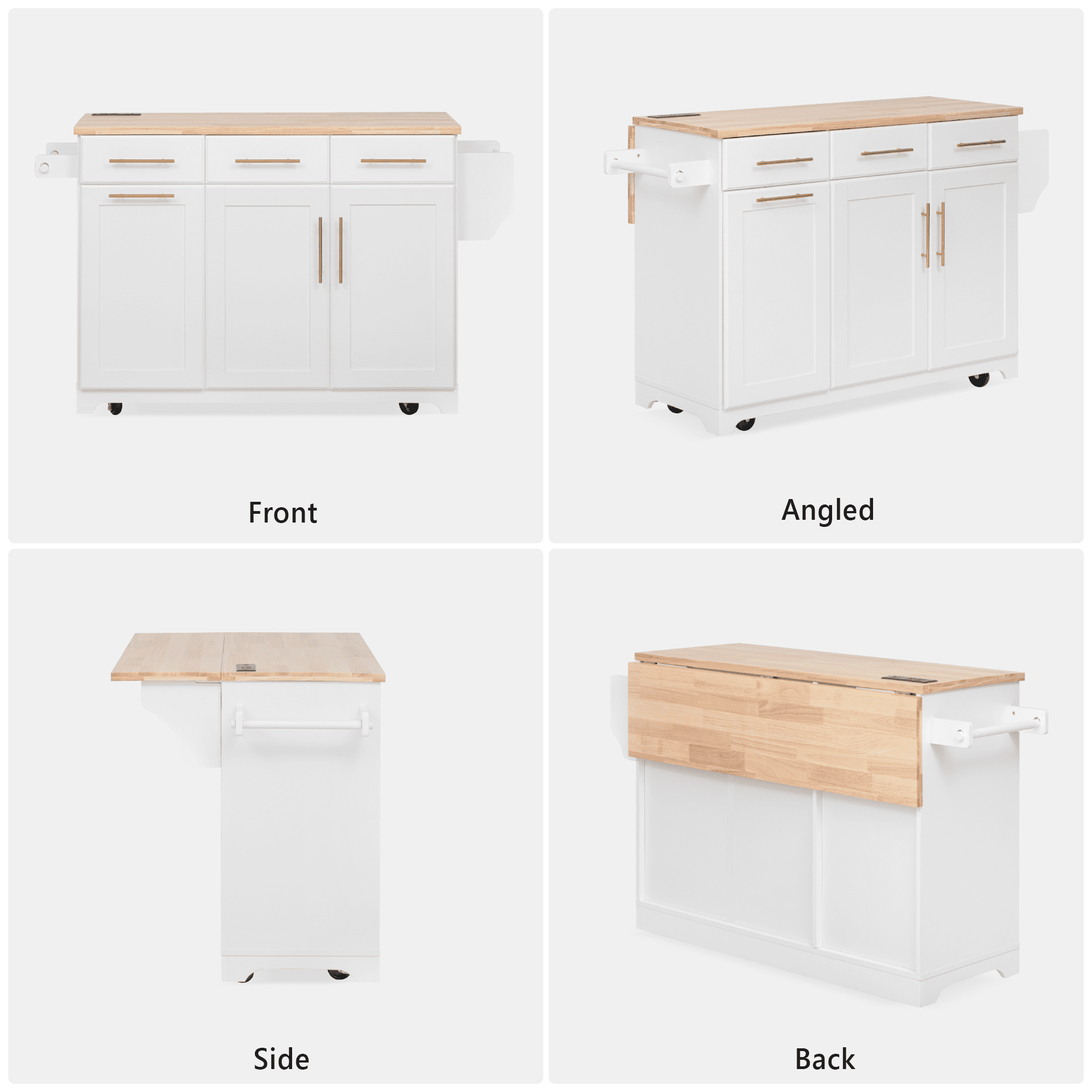 Aukfa 59" Kitchen Island with Power Outlet & Trash Cabinet, Rolling Kitchen Cart, Pull Out Organizers & Drop Leaf,White