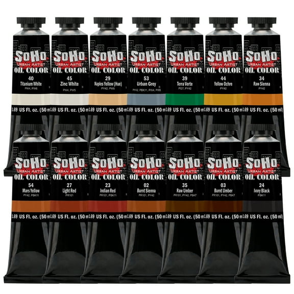 Soho Urban Artist Oil Paint Earth Tones Set of 14 - 50mL Tubes, Triple-Milled Oils with Refined Linseed - Smooth Application, True Color Mixes, Ideal for Brushes & Palette Knives