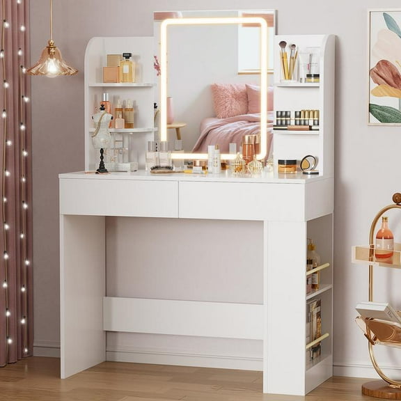 Lacoo Vanity Set with Mirror, Makeup Vanity with LED Light, Storage Drawers & Shelves, Vanity Desk for Bedroom Dressing Room, White