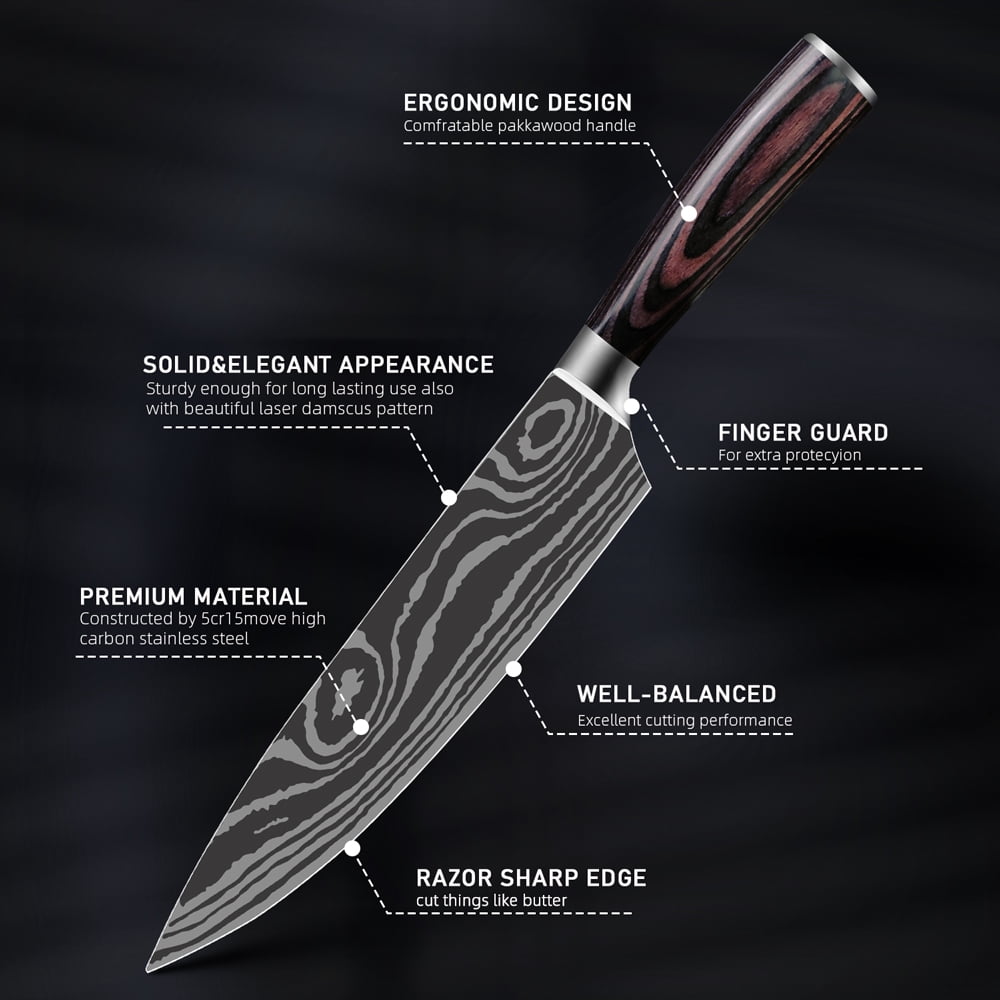 Japanese Chef Knife Set 5-Piece, Laser Damascus Pattern, High Carbon Stainless Steel Kitchen Knives with Pakkawood Handle, Sharp Cooking Knives for Meat and Vegetable Slicing