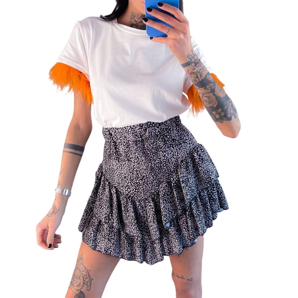 Txlixc Blusa de manga corta con dobladillo de avestruz Txlixc moda