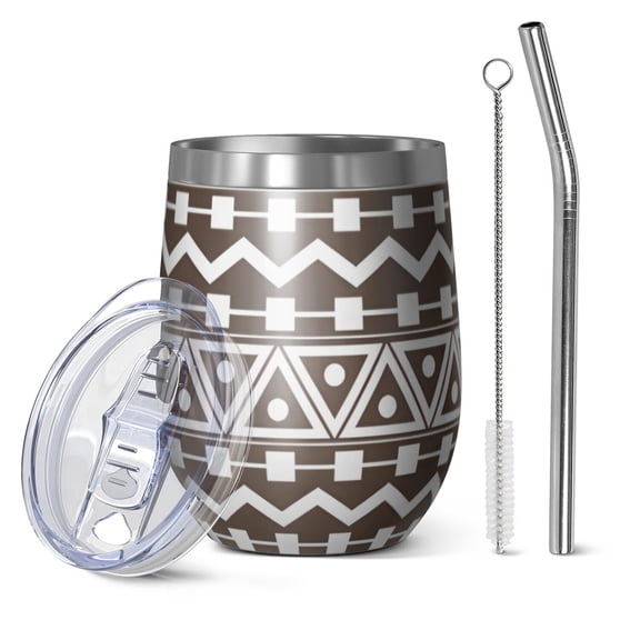 12oz Stemless Wine Tumblers Brown and White Geometric Pattern Vacuum Insulated Stainless Steel Travel Tumbler Cups Mug with Lid and Straw for Champaign,Cocktail,Beer with Cleaning Brush