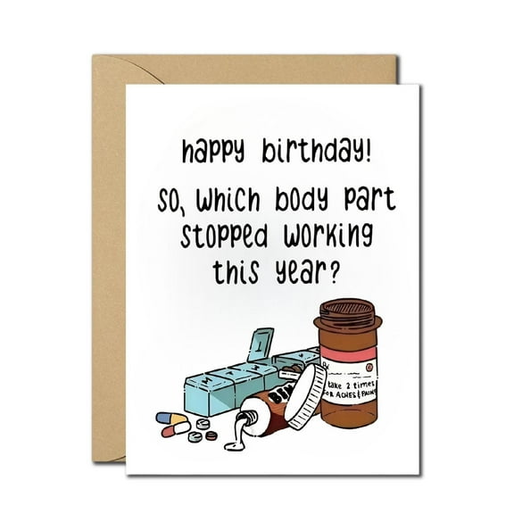 Funny Aging Birthday Card – Which Body Part Stopped Working This Year – Hilarious Sarcastic Birthday Greeting Card for Men, Women, Friends, Coworkers – Includes Envelope