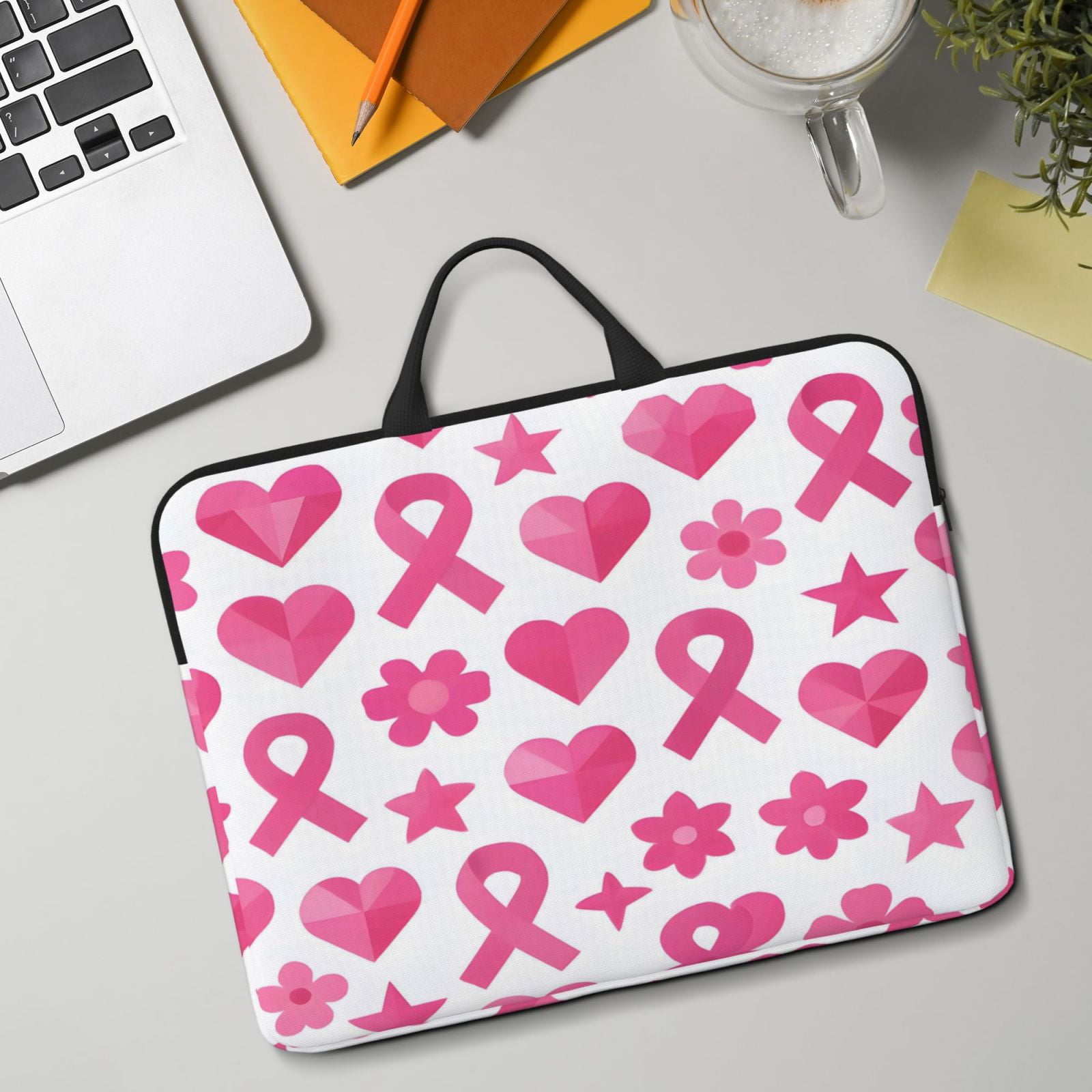 Laptop Sleeve Bag For Women Men 14inch Waterproof Durable Protective Computer Carrying Cover Handle Laptop Case Bag Modern Pink Ribbon Pattern With Geometric Elements