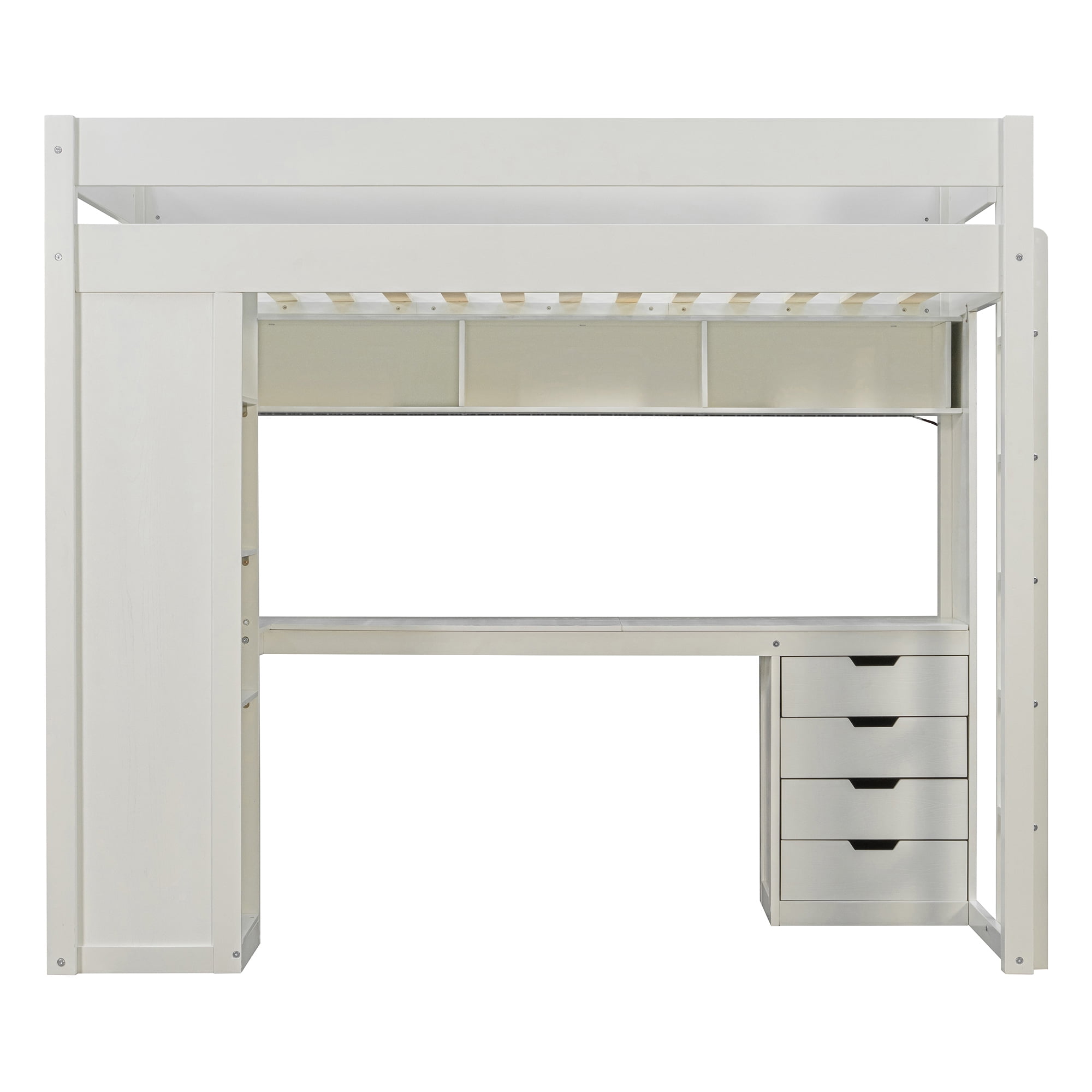 Mintazer Twin Loft Bed with L-Shaped Desk & Smart LED Lights and Charge Station, Modern Loft Bed with 4 Storage Drawers & Shelves, White