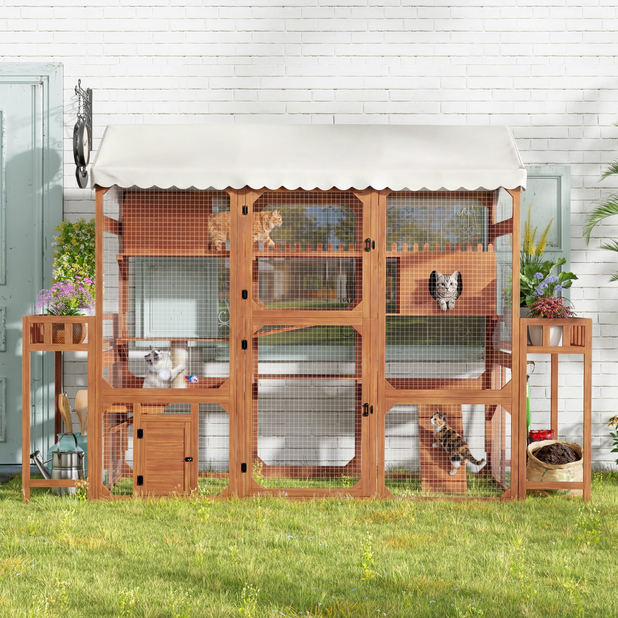 Large Outdoor Cat Enclosure, Wooden Catio with 2 Plant Stands, Multi-Level Cat Playpen with Weather-Resistant Roof & Wire Mesh for Backyard Patio, Brown