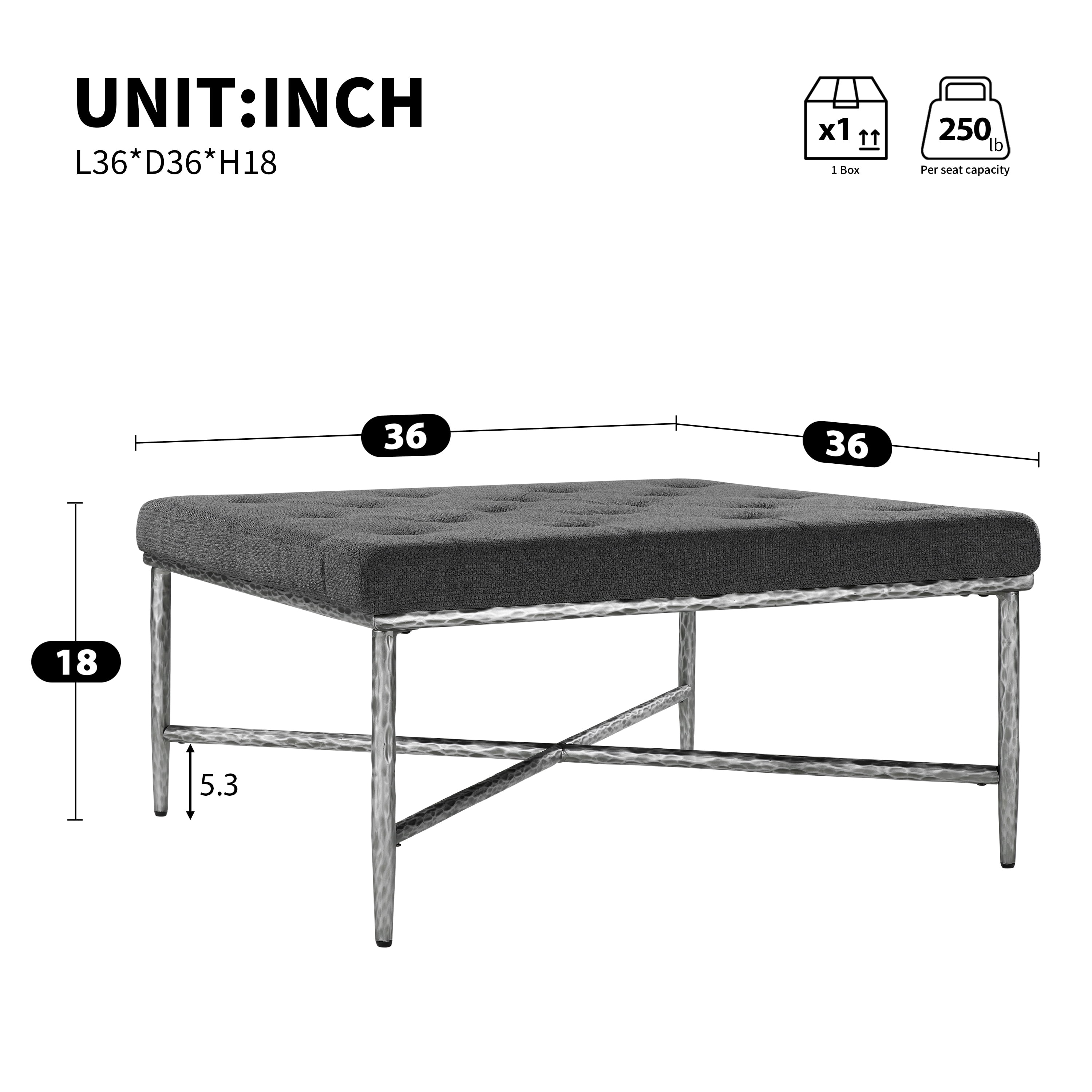 GARITIN Square Tufted Ottoman 36 Inch, Upholstered Footrest with Durable Metal Frame for Living Room Bedroom, Gray
