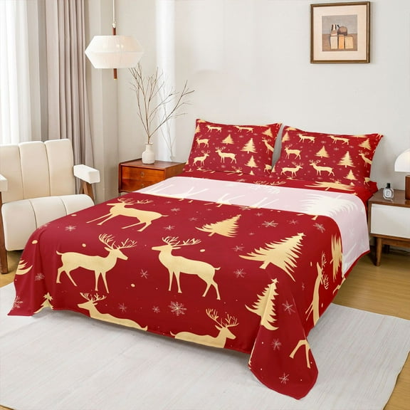 Homewish Christmas Reindeer Moose Twin Sheet Sets, Red Gold Cartoon Twin Fitted Sheet, Winter Xmas Tree Snowflake Flat Sheet, Lightweight Room Decor, 3-Piece