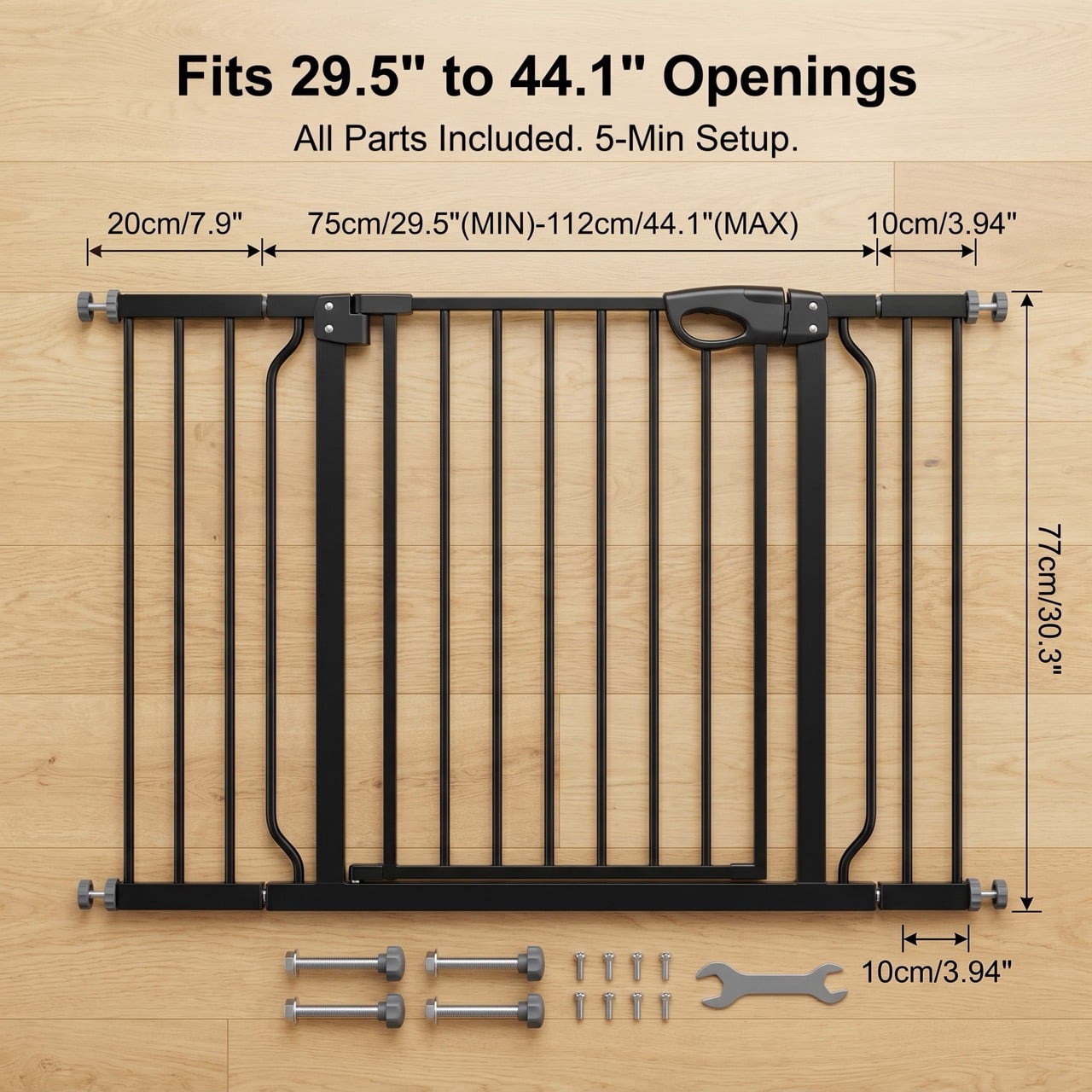 DURAMOXLQ 29.5-44.1" Adjustable Baby & Pet Gate for Stairs, Pressure Mounted Walk-Through Dog Gate, Black