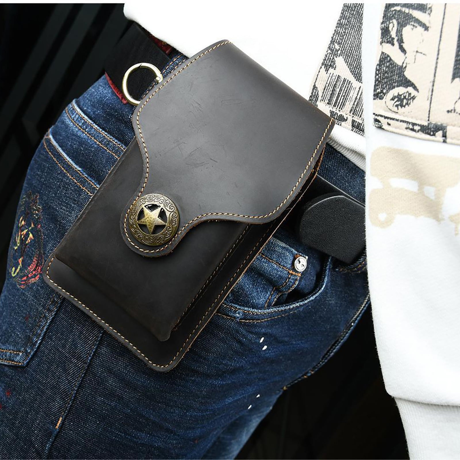 Floleo Clearance Leather Retro Mobile Phone Bag Outdoor Sports Men's