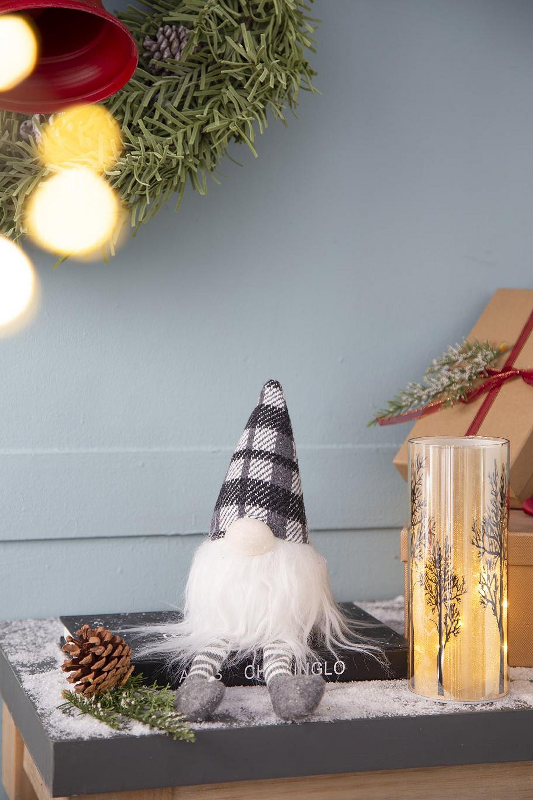 Festive Minimalist Gnome Figurine Set White Beard Gray Plaid Hat Long Legs Tabletop Mantel Dining Room Seasonal Vignette Decoration