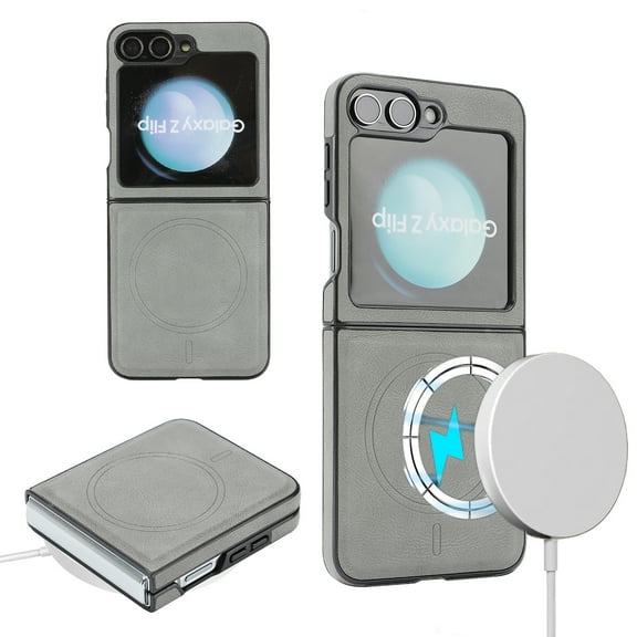 Allytechgroup Magnetic Back Cover for Samsung Galaxy Z Flip 6/ Z Flip 7 FE, Shockproof TPU & PU Leather Case with Anti-Scratch Non-Slip Grip Support Wireless Charging Support for Women Men, Gray