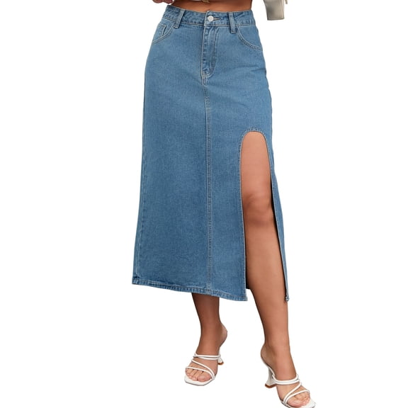 DARING DIVA Women's Long Denim Spring Slit Midi Jean Skirts Small Blue