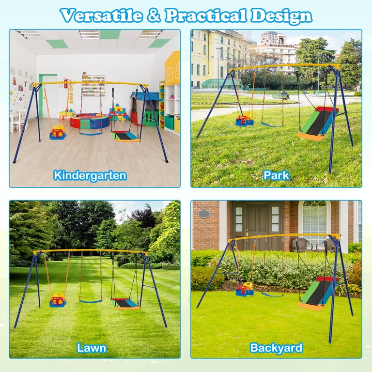 Gymax 3-in-1 Kids Swing Set, 660 LBS Carbon Steel Frame for Ages 3