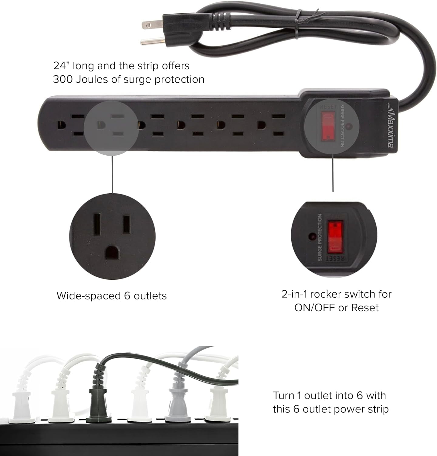 4-Pack 6 Outlet Power Strip Surge Protector - 300 Joules, Features Red On/Off Switch, Powers Multiple Electronics and Devices Simultaneously, Perfect for Home Appliances - Black