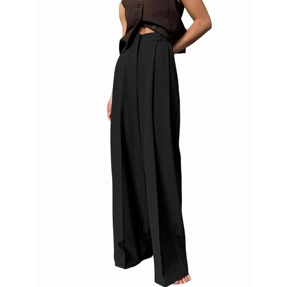 Women'S Work Pants Wide Leg Dress Pants High Waisted Casual Business Office Pants Slacks Black L