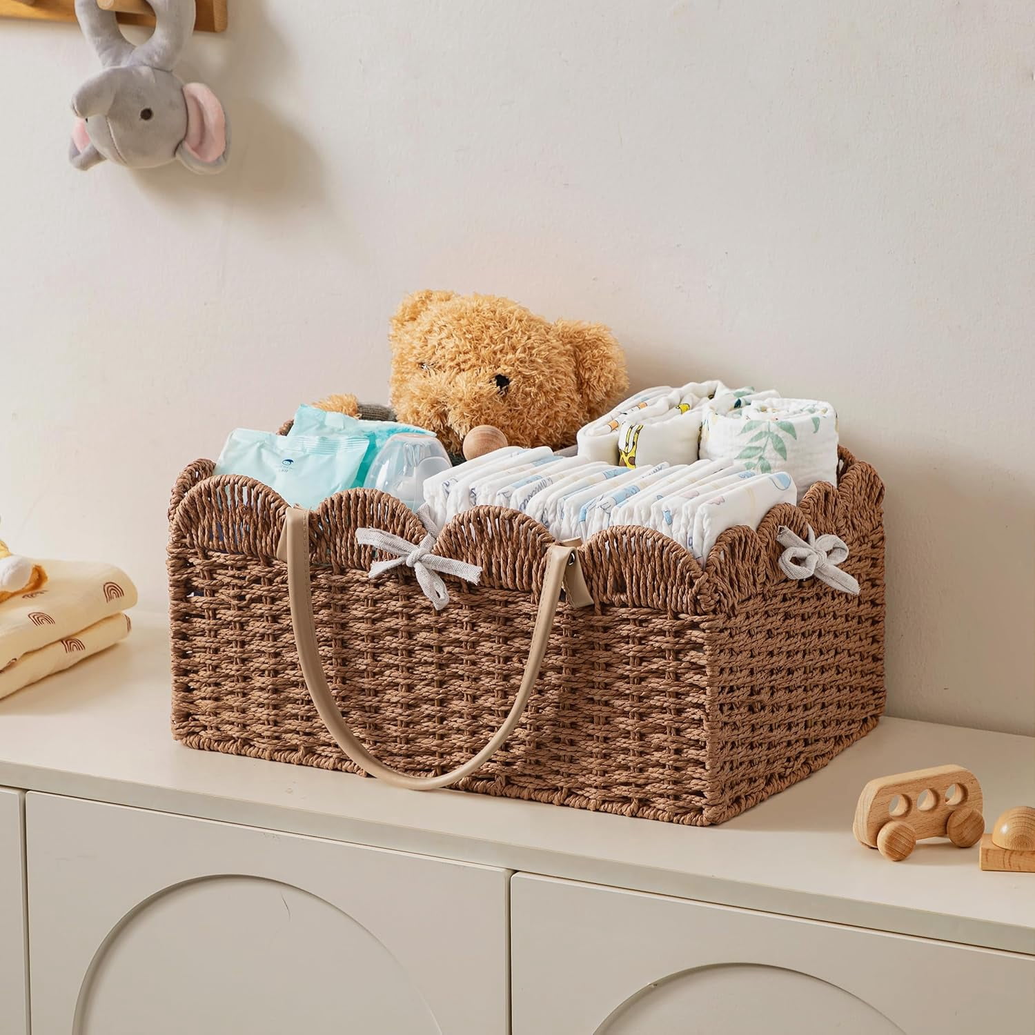 Baby Diaper Caddy, Paper Rope Storage Baskets Nursery Bin with Removable Divider, Portable Car Organizer for Diapers, Baby Shower Gifts, Newborn Essentials Must Haves