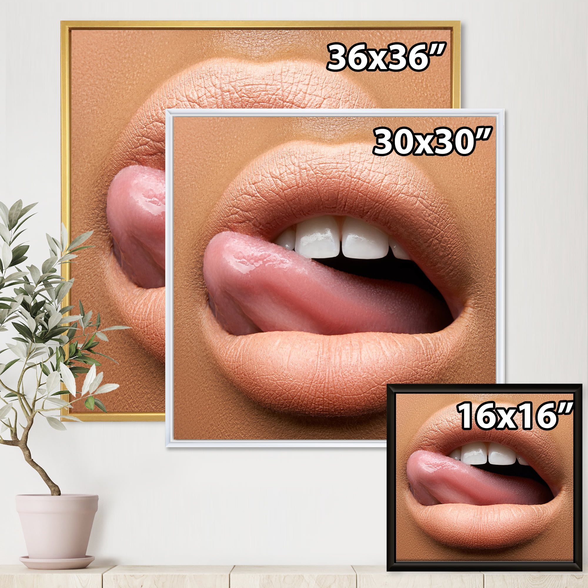 Designart 'Beautiful Dark Skinned Female Tongue Touching Lips' Modern Framed Canvas Wall Art Print