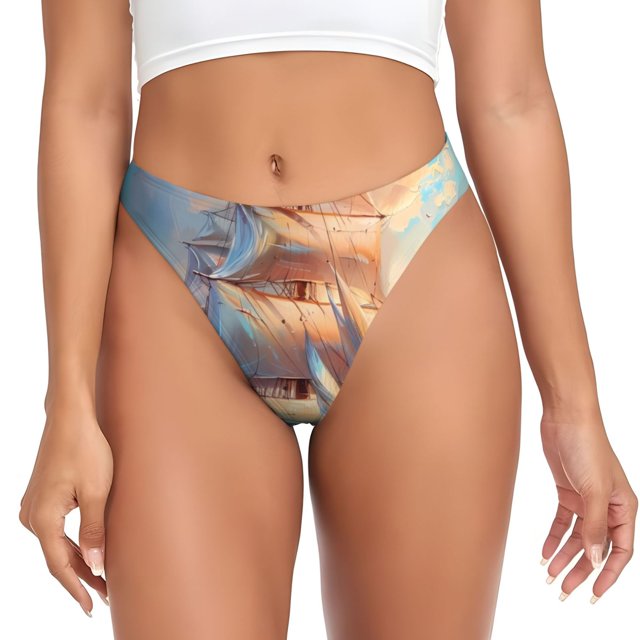 Balery Sailing Ship Ocean Sunset Tangas de Algodón para Mujer con Estampado – Ropa Interior Sexy, Transpirable, G-string-X-Small