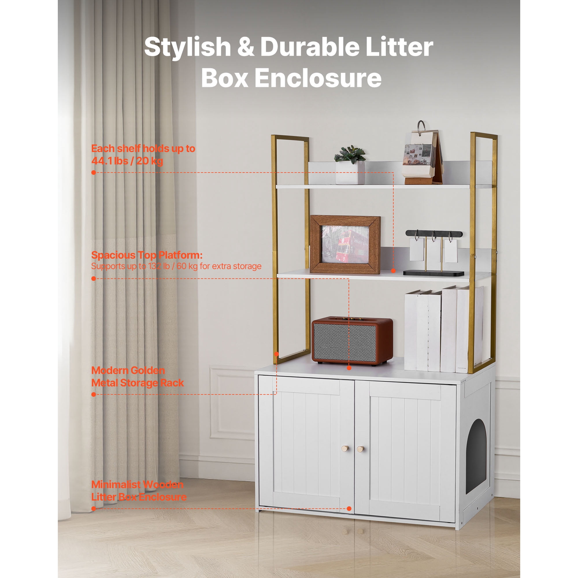 KFFKFF Cat Litter Box Enclosure Furniture, 27.6 in Cabinet with Metal Legs & Dual Storage Shelves, Waterproof Cat Washroom and House, Compatible with Most Litter Boxes, Ideal for Living Room