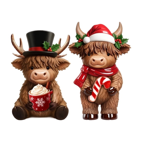 Christmas Highland Cow Figurines Set of 2 Holiday Tabletop Decor with Cocoa Cup and Candy Cane Farmhouse Style Display