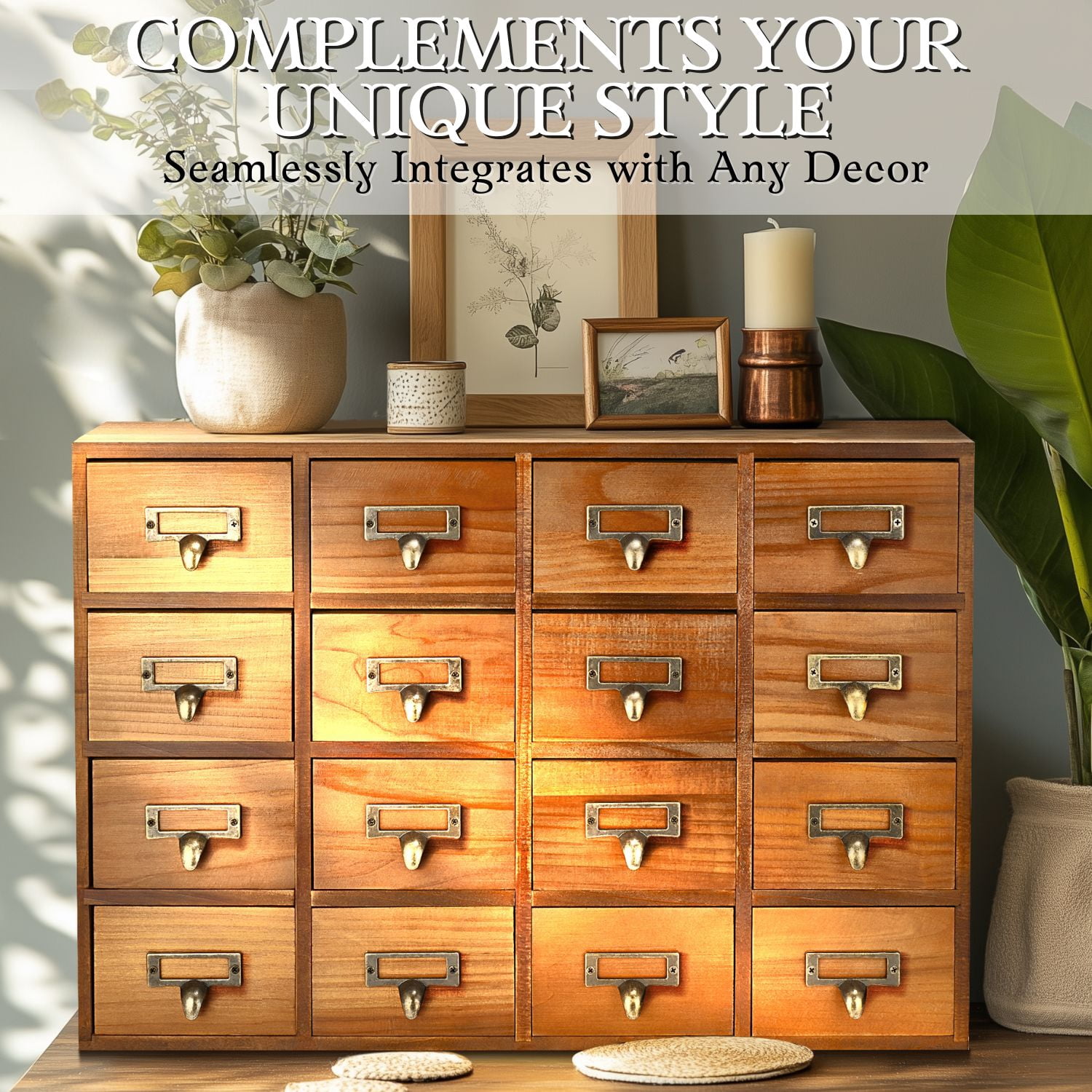 Apothecary Cabinet with Drawers - 16 Vintage Apothecary Drawers Desktop Organizer for Home & Office - Wooden Tabletop Library Card Catalog Cabinet Storage for Jewelry, Makeup & Tools, Brown
