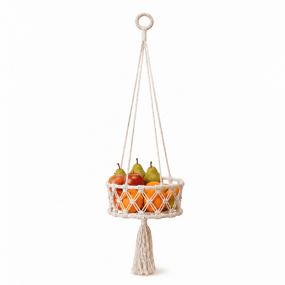 JWGIETK Boho Hanging Fruit Basket – Macrame Storage Basket for Fruit and Vegetables, Kitchen Organizer with Plant Hanger, 1-Storey Rustic Decor