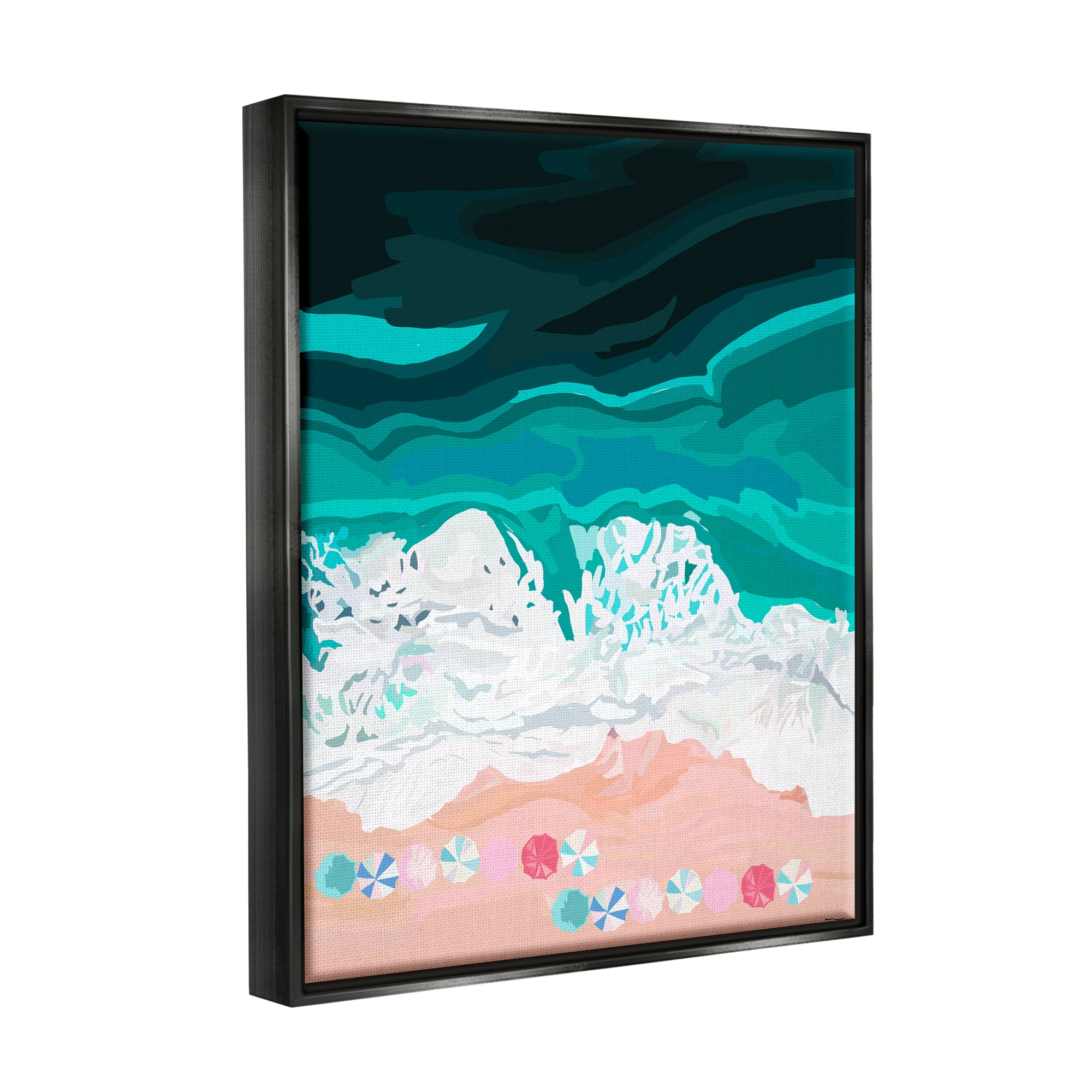 Stupell Industries Aerial View Beach Umbrellas Coastal Painting Black Floater Framed Art Print Wall Art