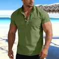 thumbnail image 3 of ibuvkizy Linen Shirts for Men Short Sleeve V-Neck Button Down with Pocket Big and Tall Solid Color Casual Fashion Vacation Army Green,L, 3 of 8