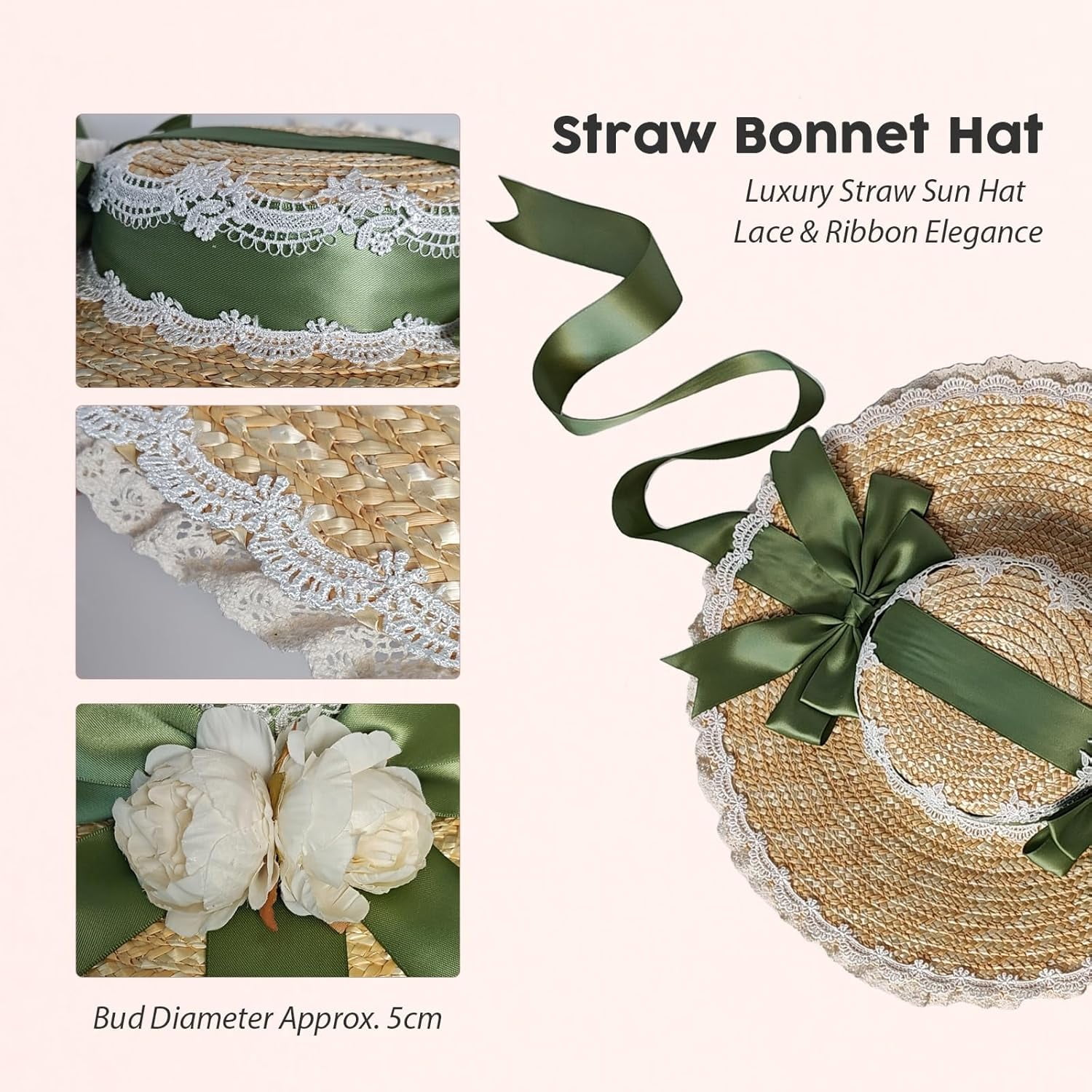 Kukuzhu Women Victorian Tea Party Sun Hat, Lolita Bows Flower Ribbon Flat Straw Hat Summer Beach Bonnet Cap for Travel