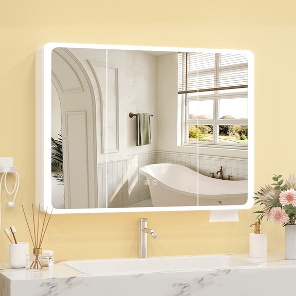 Yamissi LED Bathroom Mirror Medicine Cabinet, 3-Door Wall Mount Storage, Dimming & Anti-Fog