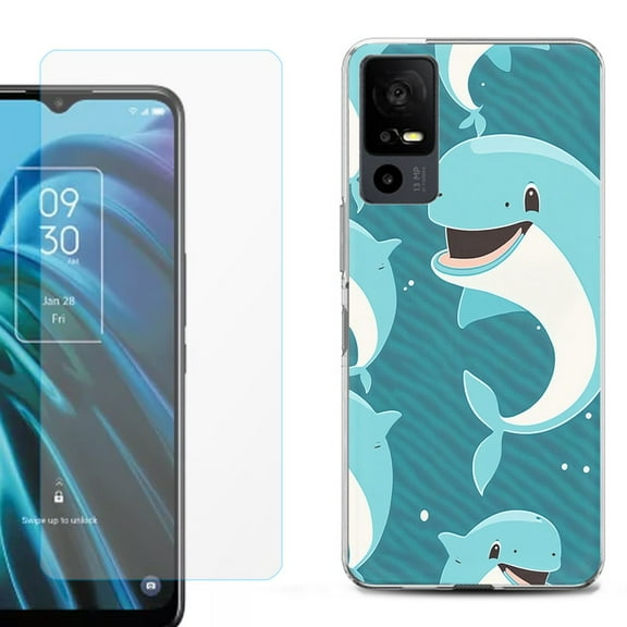 OneToughShield ® for TCL 40 XE 5G Shockproof Fashion Phone Case, with Tempered Glass Screen Protector - Smiling Dolphin