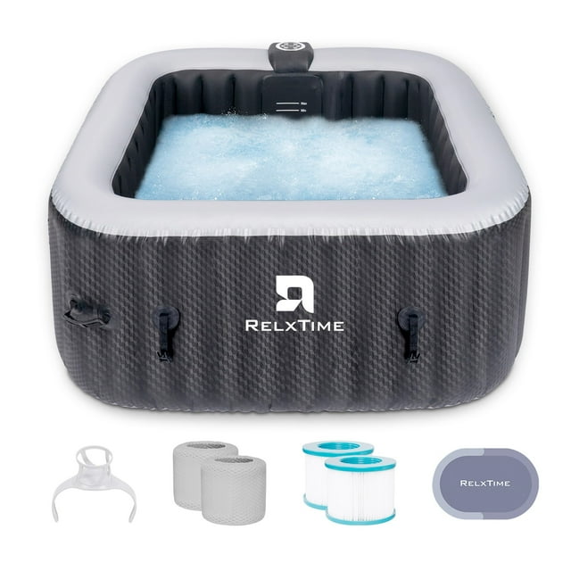 RELXTIME Inflatable Hot Tub 2 to 3 Person 61 Inch Outdoor Square Portable Home Spa with 110 Soothing AirJets,Spa Cover, Black