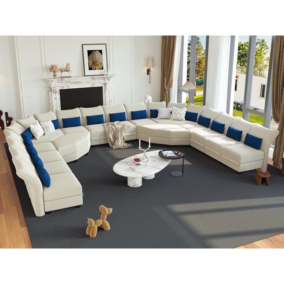 LLappuil 215" Modular Sectional Sofa, 16 Seat Modular Sectional Sofa with 2 Large Storage Ottoman, 25.6“ Seat Deep Corner Sofa White