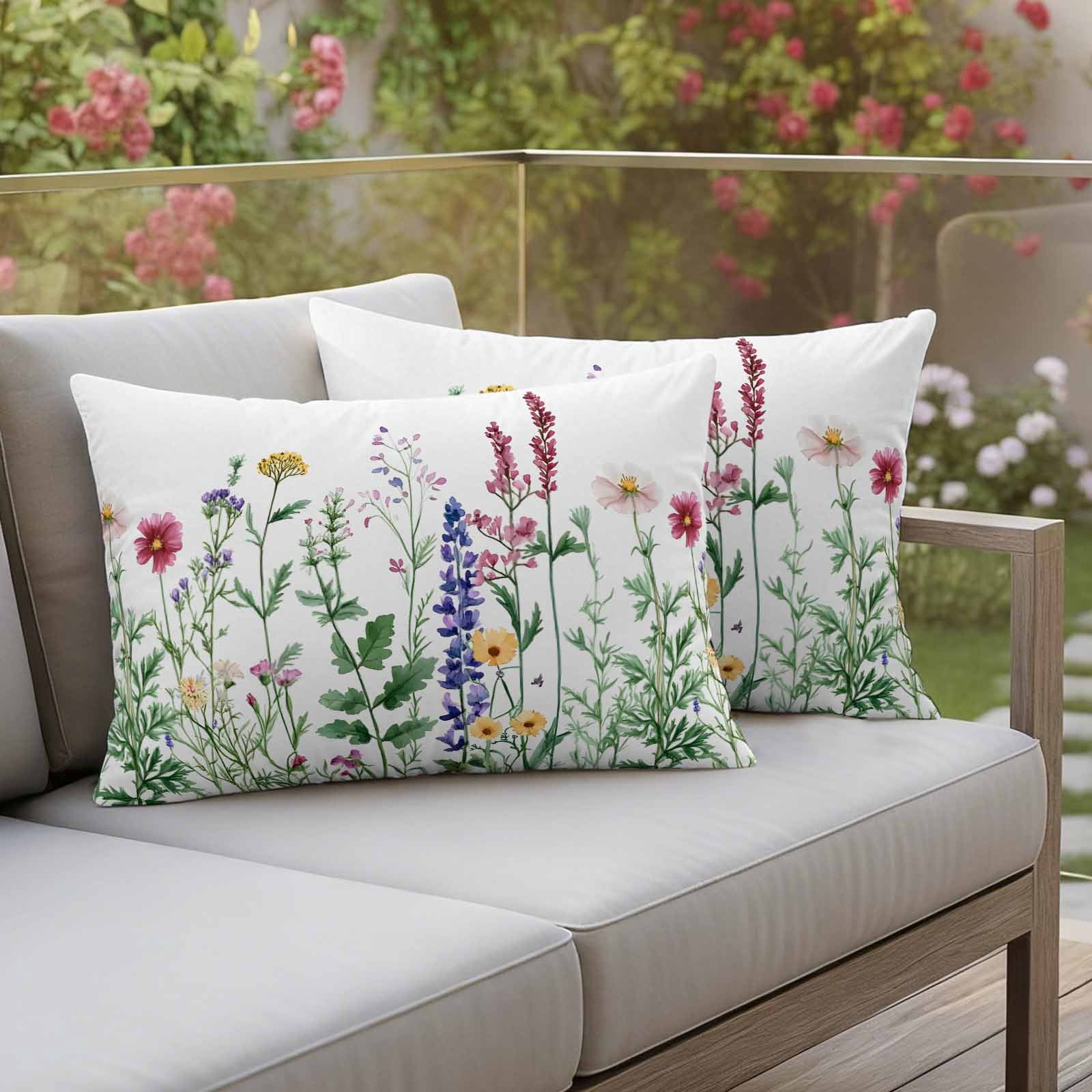 Spring Pink Pillow Covers 2 Pack Wildflower Lavender Botanical Sage Green Leaves Pillowcase Waterproof Outdoor Throw Pillow Cover for Patio Balcony Rectangular Cushion 20”x12”